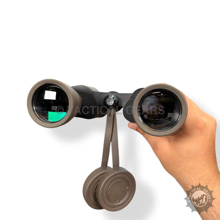 Galileo 20x50 binoculars in black and bronze with lens caps for outdoor viewing