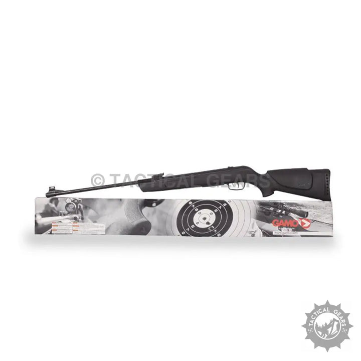 Black Gamo Shadow air gun with synthetic stock resting on its product box