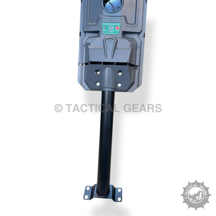 Grey trail camera with black mounting pole on Gdsuper Solar Street Light with Security Camera