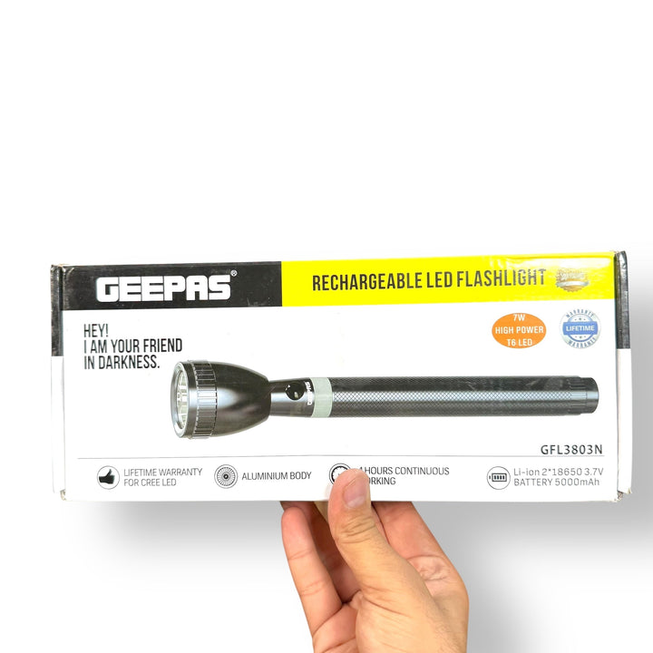 Packaged Geepas Rechargeable LED Flashlight with durable aluminum body and long-lasting battery