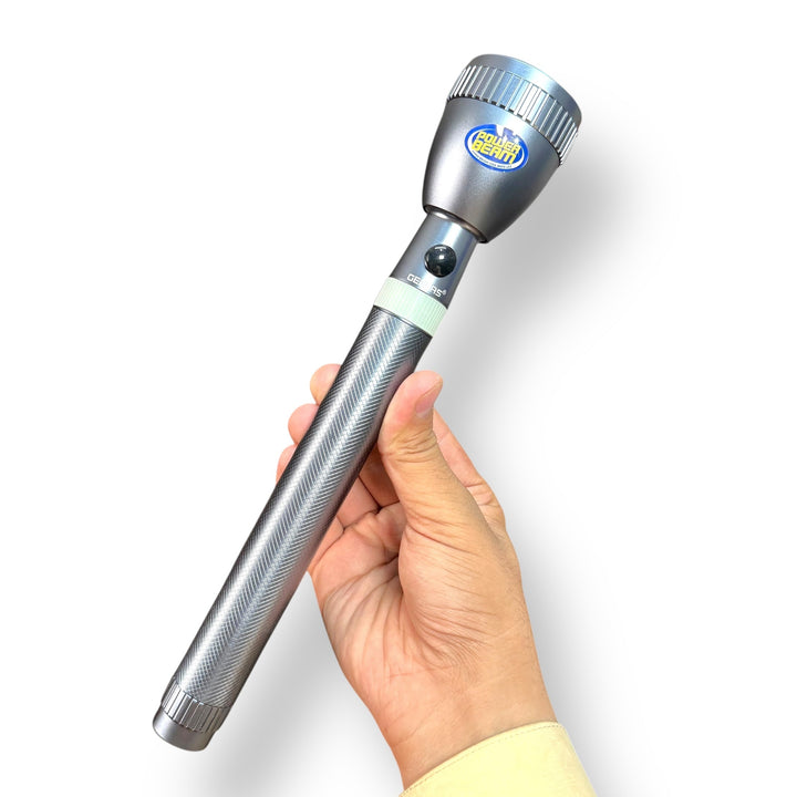 Silver-colored metal Geepas Rechargeable LED Flashlight with textured grip for durability