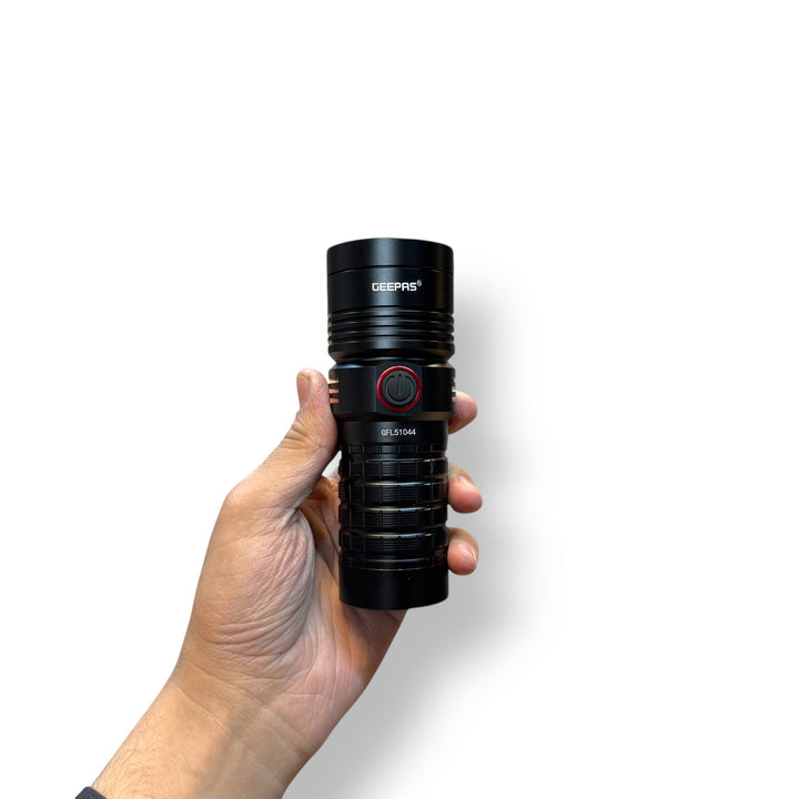 Geepas VIP Series LED Flashlight with Power Bank and red power button, 2-year warranty