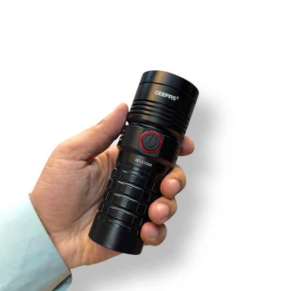 Black Geepas VIP Series LED Flashlight with Power Bank, textured grip, and 2-year warranty