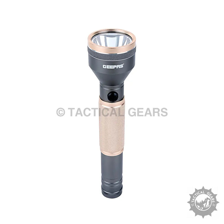 Gray and gold Geepas VIP Series LED flashlight with textured grip and power bank feature