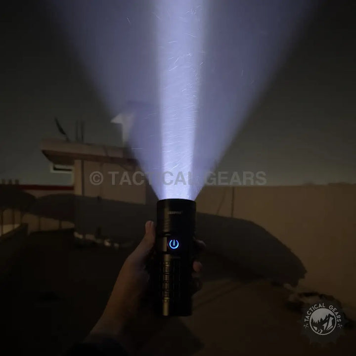Geepas VIP Series LED Flashlight with Power Bank and glowing blue power button