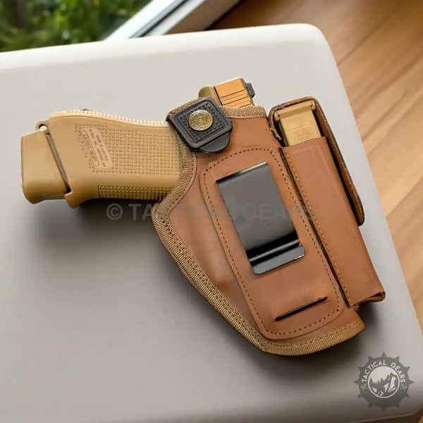 Genuine leather holster for 9mm pistol with spare magazine pouch and tan finish