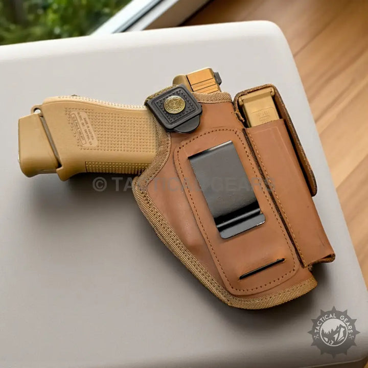 Genuine leather holster for 9mm pistol with spare magazine pouch and tan finish