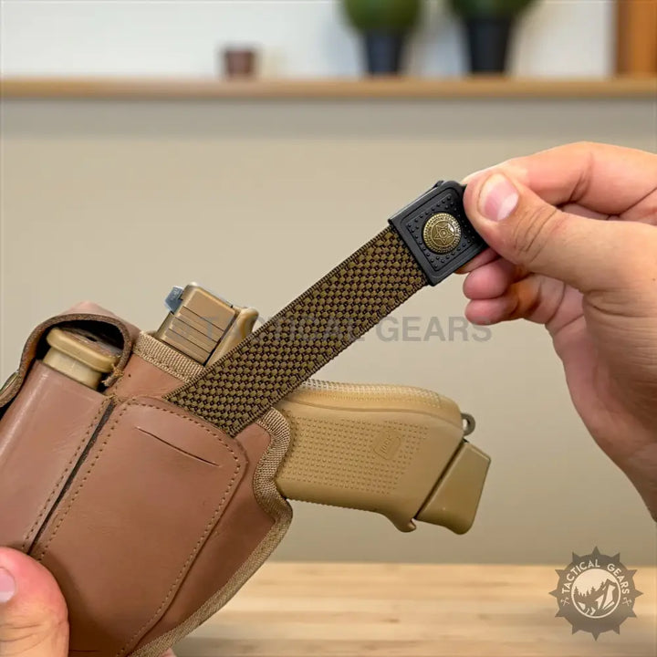 Genuine leather holster for 9mm pistol with spare magazine pouch and tan canvas accents