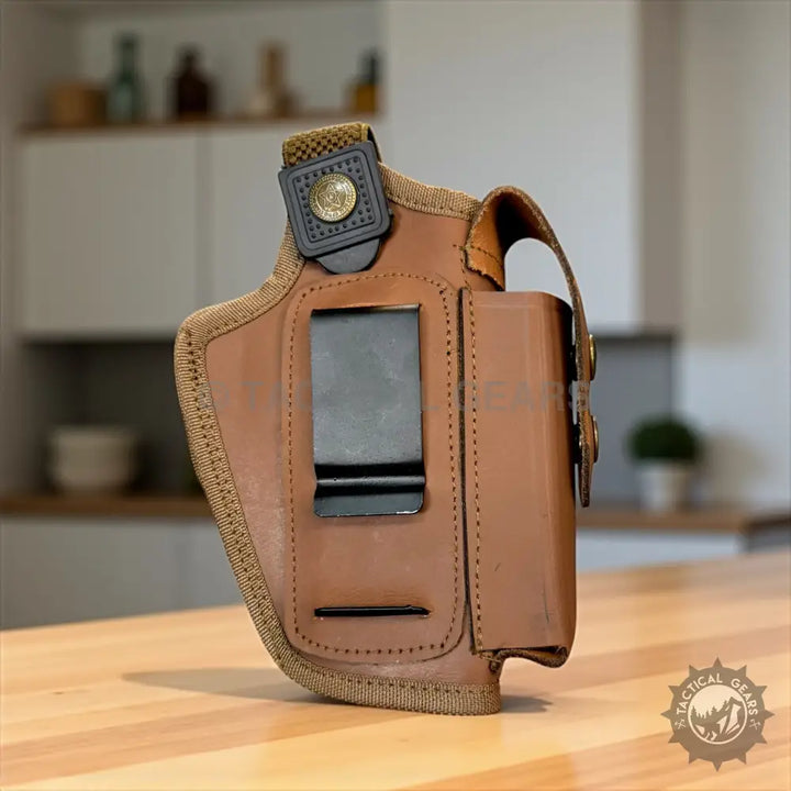 Genuine leather holster for 9mm pistols with spare mag pouch and metal belt clip