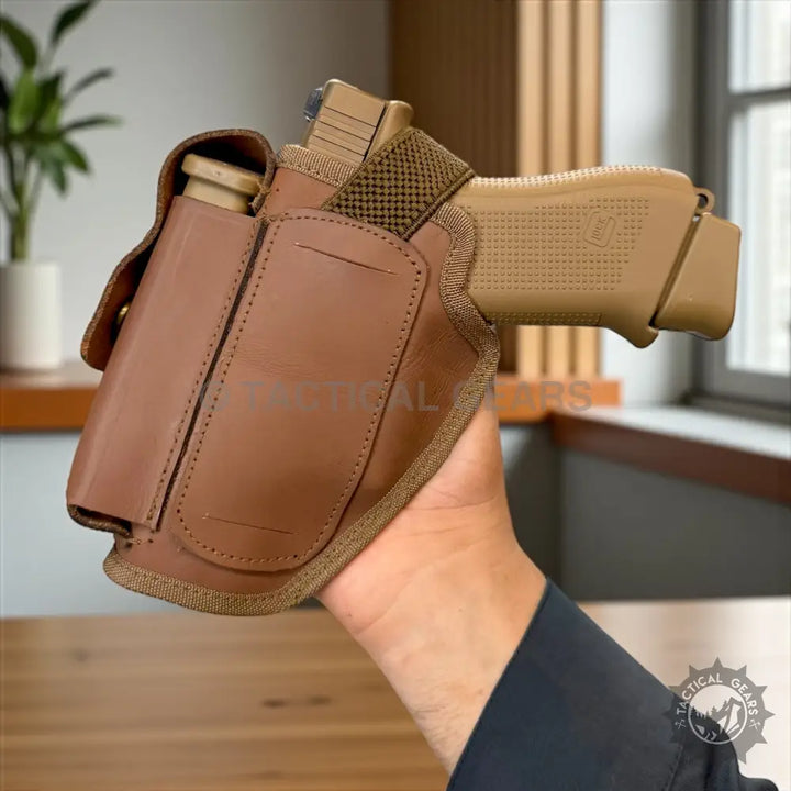 Genuine leather holster for 9mm pistols with spare magazine pouch and tan finish
