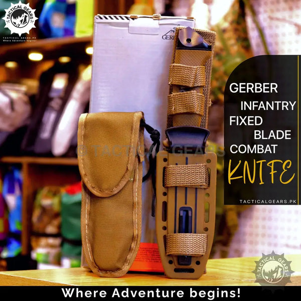 Tan Gerber Survival Knife Infantry II with sheath, fixed blade, durable material