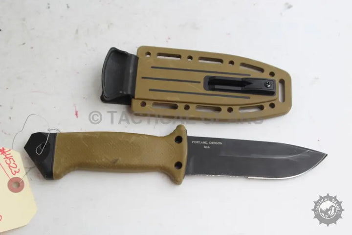 Gerber Survival Knife Infantry II with tan handle sheath and black fixed blade material
