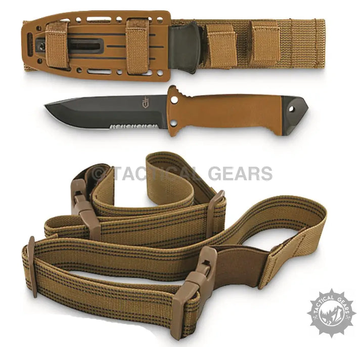 Gerber Survival Knife Infantry II with desert tan sheath, durable blade, and comfortable leg straps