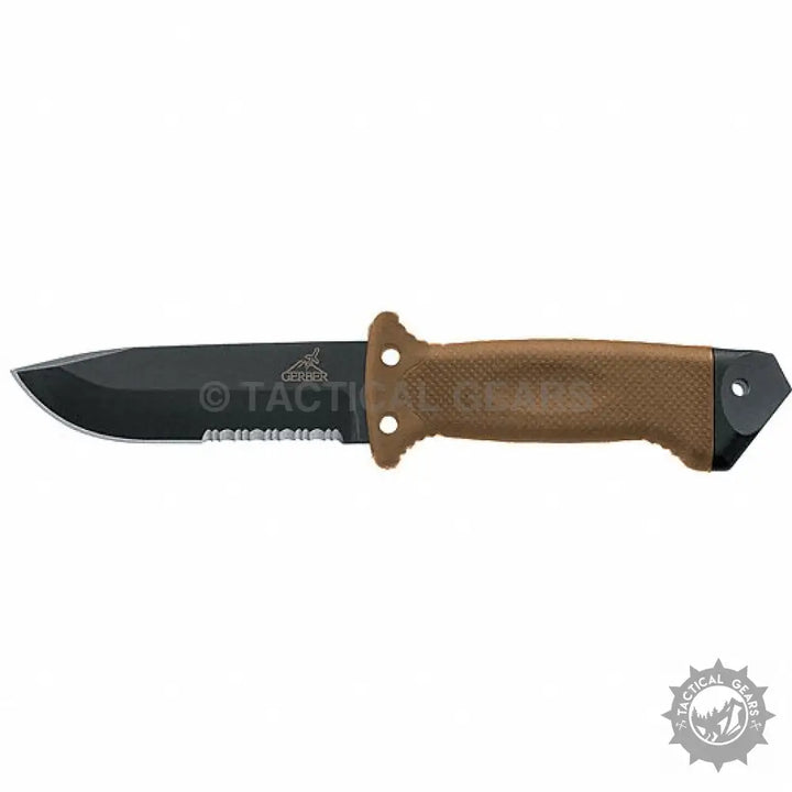 Gerber Survival Knife Infantry II with black blade, partially serrated, tan handle, and sheath