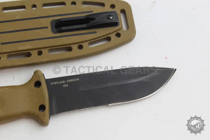 Gerber Survival Knife Infantry II with tan handle, black-coated blade, and matching sheath