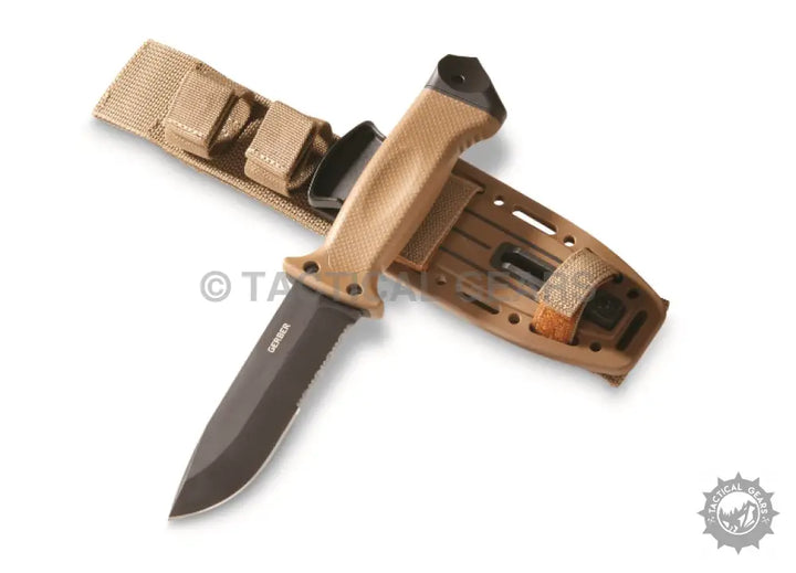 Gerber Survival Knife Infantry II with tan handle, black blade, and matching sheath