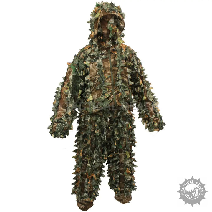 Full-body camo leaf suit with hood and leaf-like fabric strips for outdoor concealment