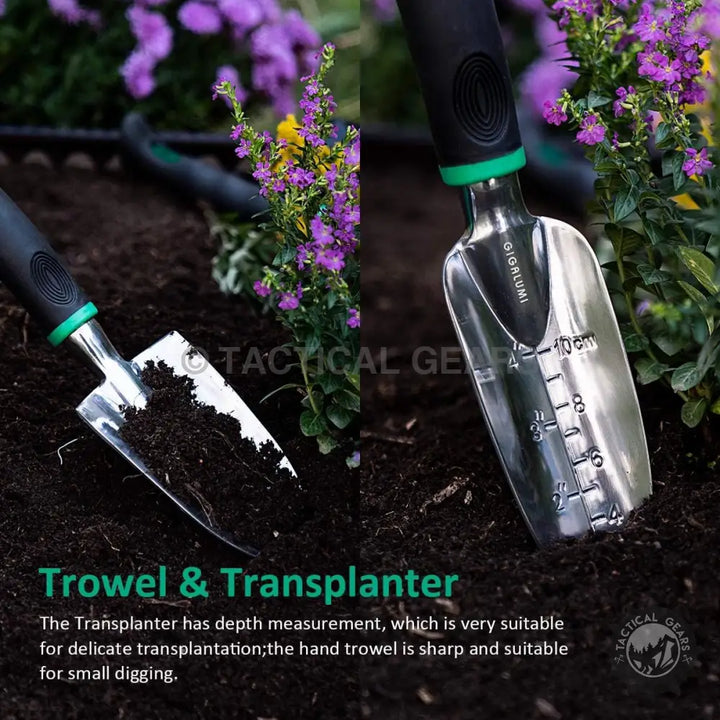 Gardening tools set including trowel and transplanter with depth measurements for gardening