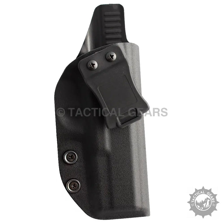 Black Kydex Glock belt holster with belt clip for concealed carry and secure retention