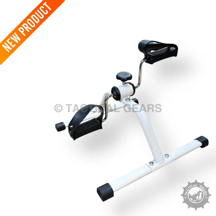 White portable pedal exerciser with black pedals and adjustable resistance for easy exercise