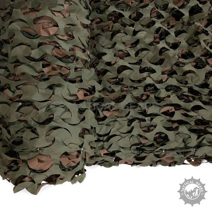 Dark green and brown camouflage netting for 5 x 15 ground blind with irregular cutouts