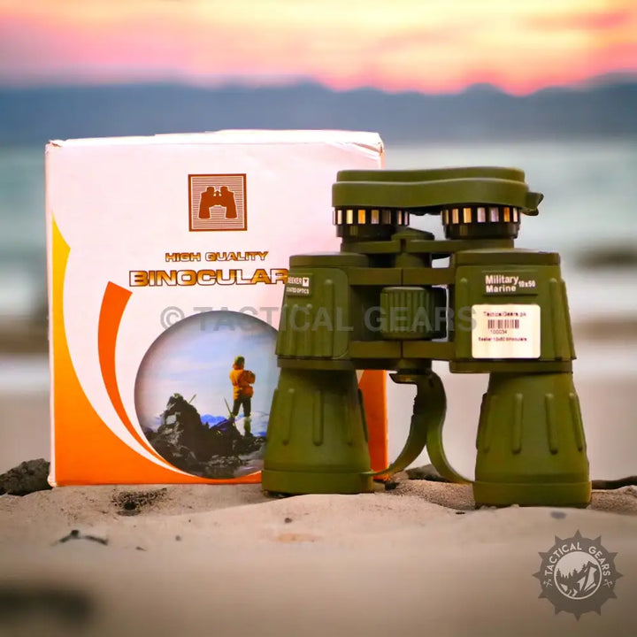 Green military-style binoculars with textured grip for SEEKER 10 X 50 Binoculars