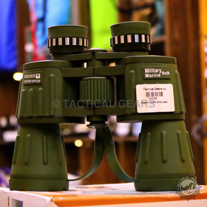 Olive green military-style binoculars with coated optics and 10x50 magnification for SEEKER 10 X 50 Binocular