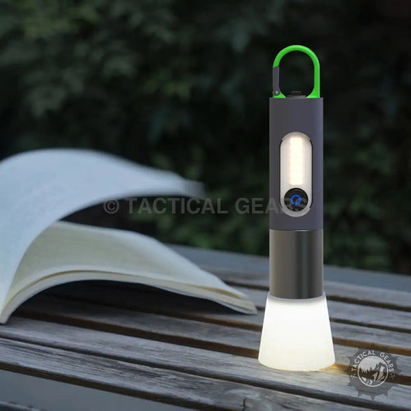 GT10 Outdoor Camping flashlight with dual-function LED lantern and green carabiner clip