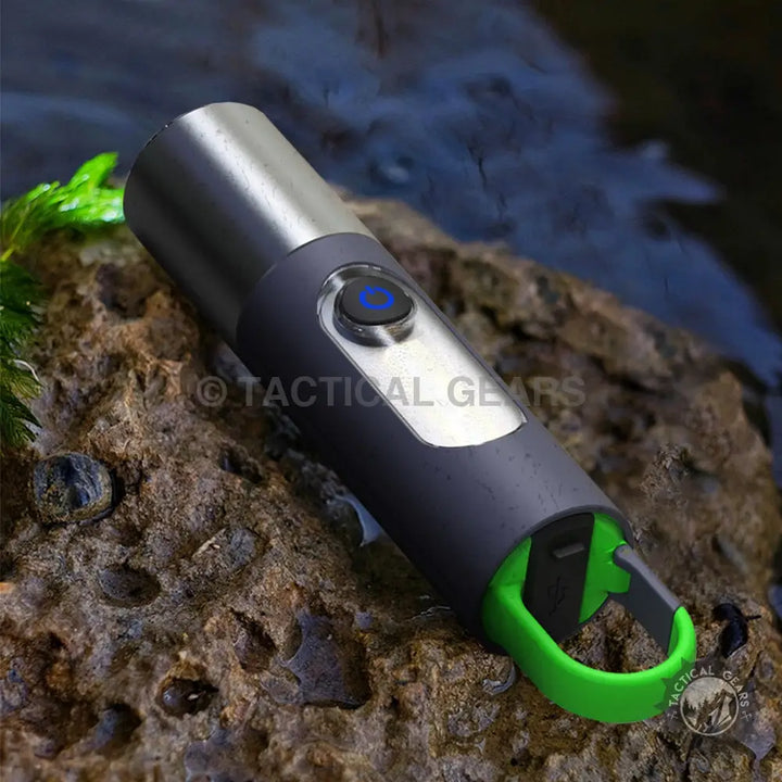 GT10 Outdoor Camping Flashlight with two-tone design, bright green loop, and blue-lit power button