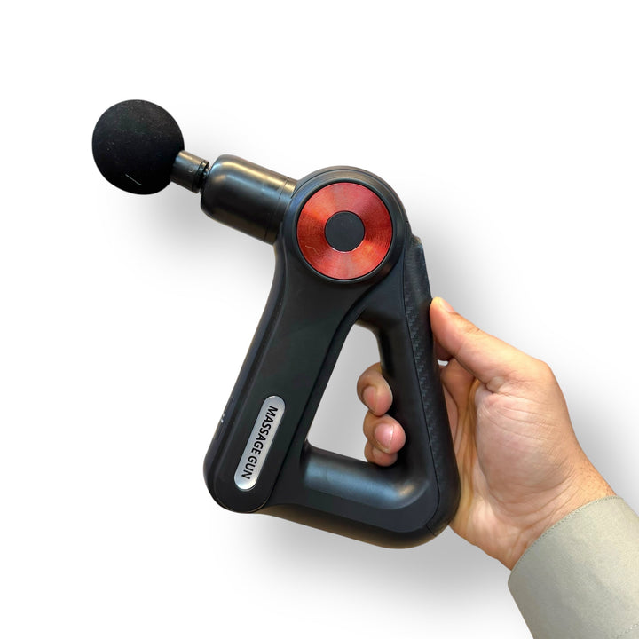 Black handheld muscle massager with spherical head and red accent, 9 heads massager