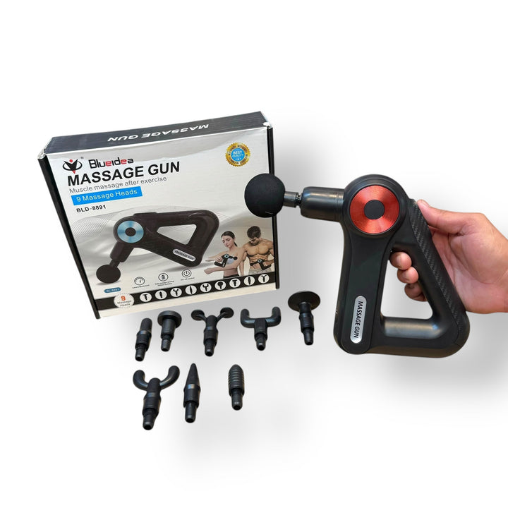 Black handheld muscle massager with multiple heads and carrying case for effective heads massager therapy