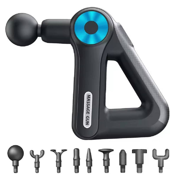 Black handheld muscle massager with blue control panel and ten heads for effective relief