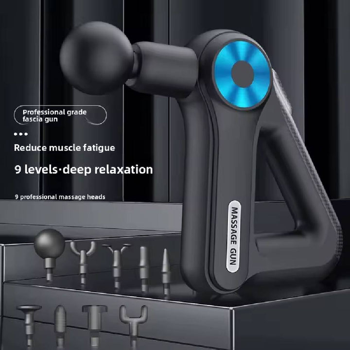 Black handheld muscle massager with blue control panel and multiple heads for effective massage