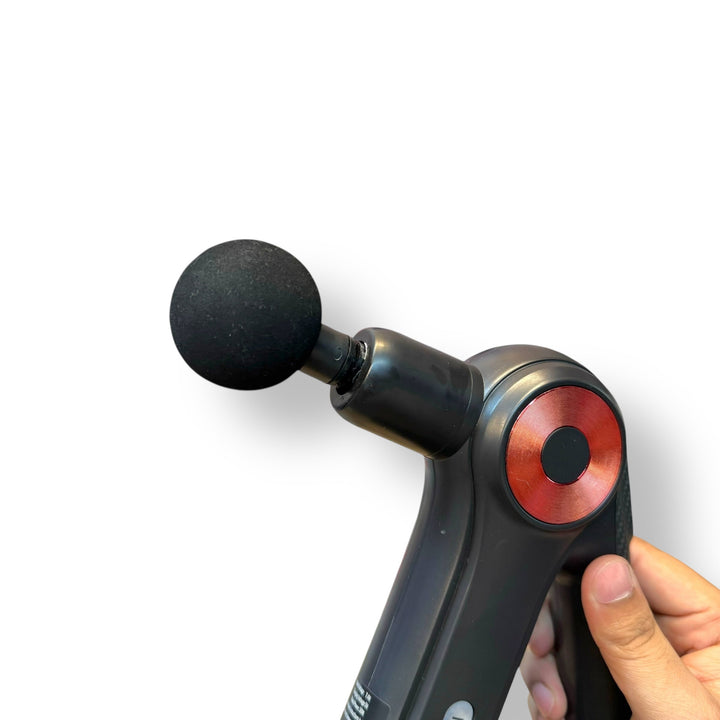 Black handheld muscle massager with spherical head and red accent, 9 heads massager for deep relief