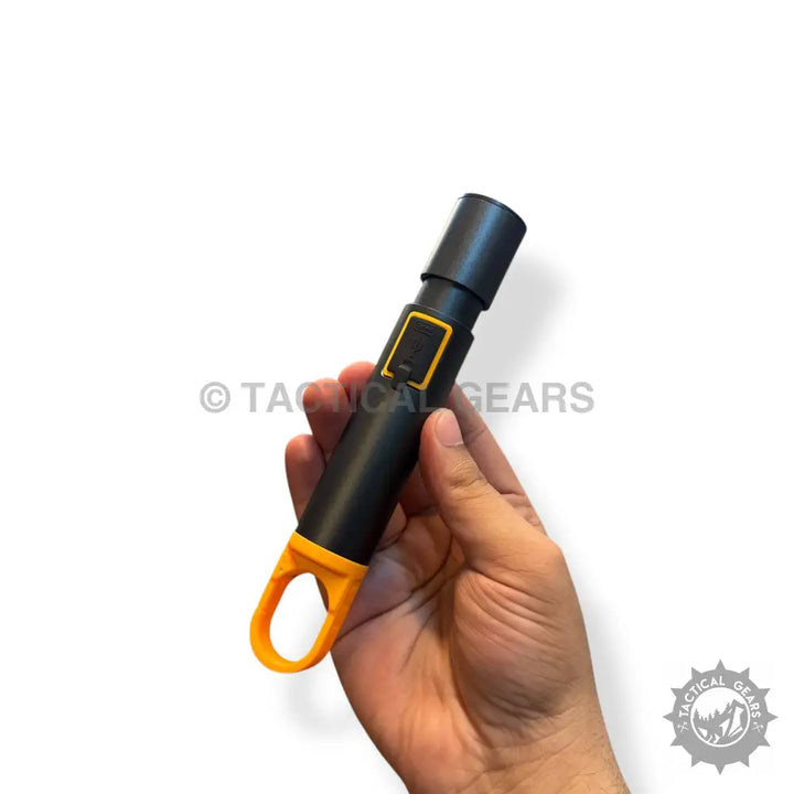 Black camping flashlight with orange loop and yellow button for Handheld Ultraviolet Camping Flashlight