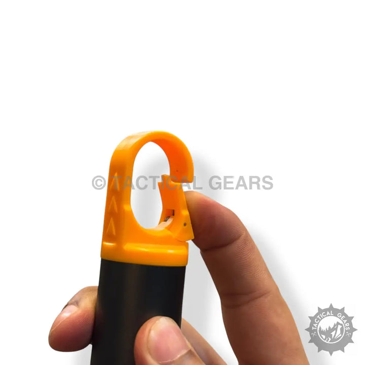 Black-handled camping flashlight with orange hook and spring-loaded gate for outdoor use