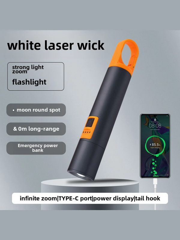 Black and orange camping flashlight with digital power display and phone charging function