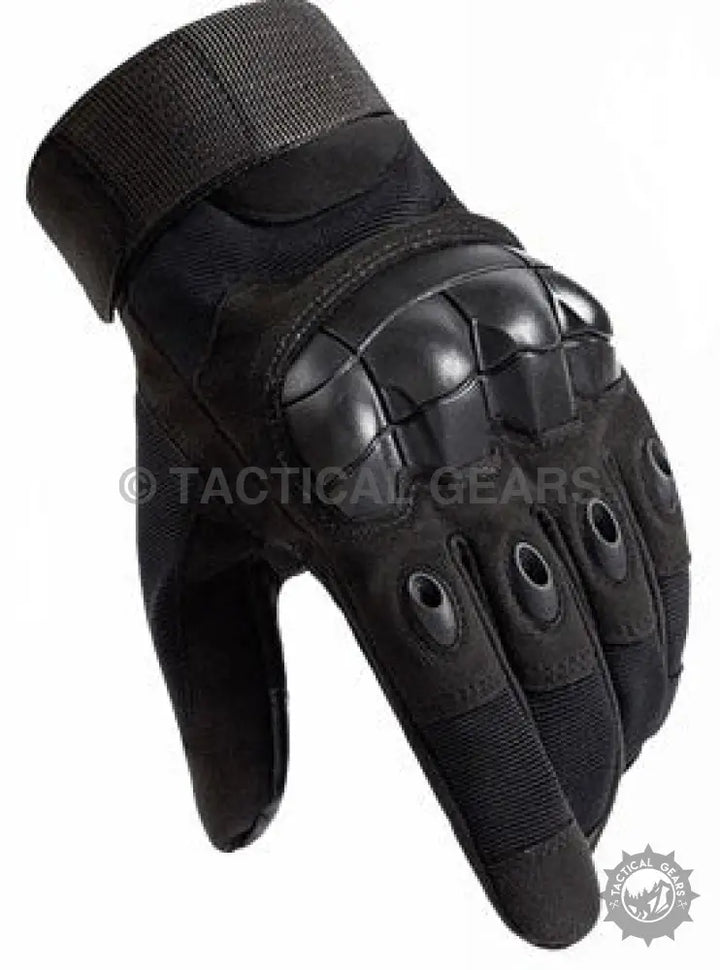 Black tactical protective gloves with knuckle and finger protection and nylon loop