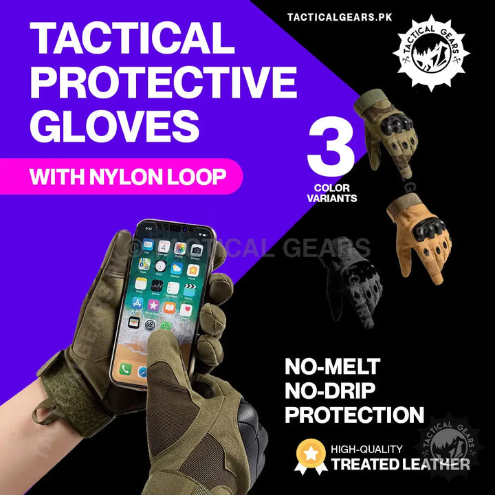 Tactical protective gloves with nylon loop in three color variants for durability and safety
