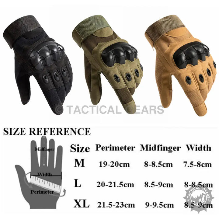 Tactical protective gloves in black, olive green, and tan with nylon loop and size chart