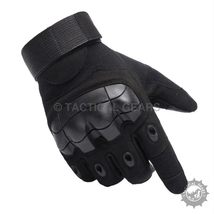 Black tactical protective gloves with knuckle protection, touchscreen fingertips, and nylon loop