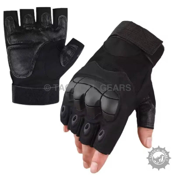 Black tactical protective half finger gloves with hard rubber knuckle and palm padding