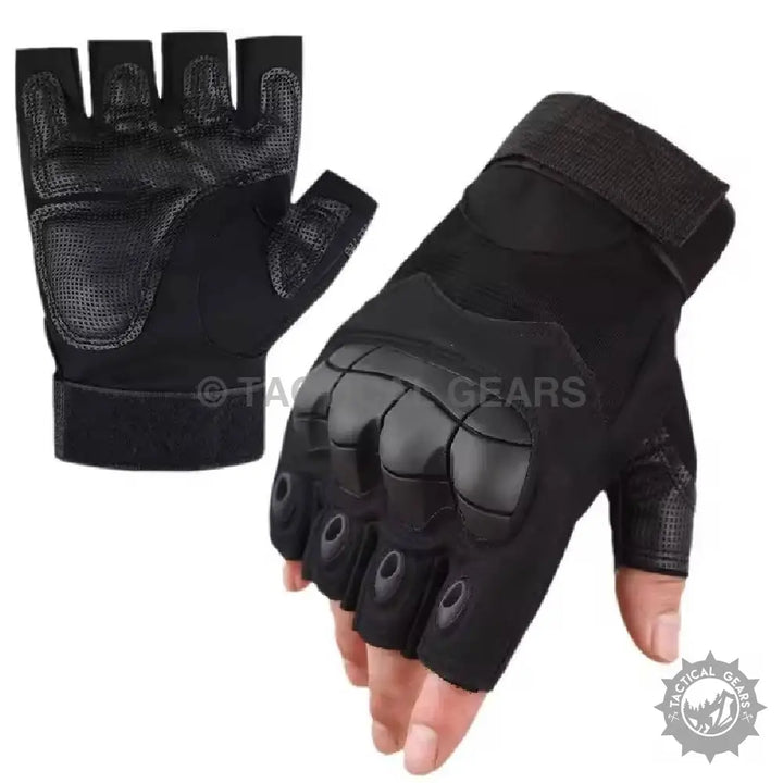Black tactical protective half finger gloves with hard rubber knuckle and palm padding