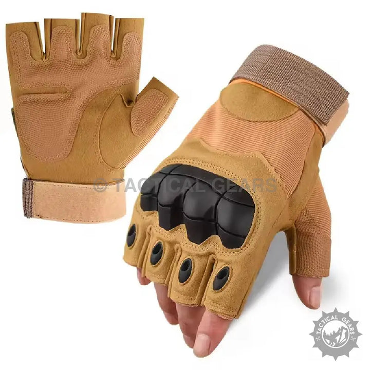 Pair of tan tactical protective half finger gloves with hard rubber knuckle protection
