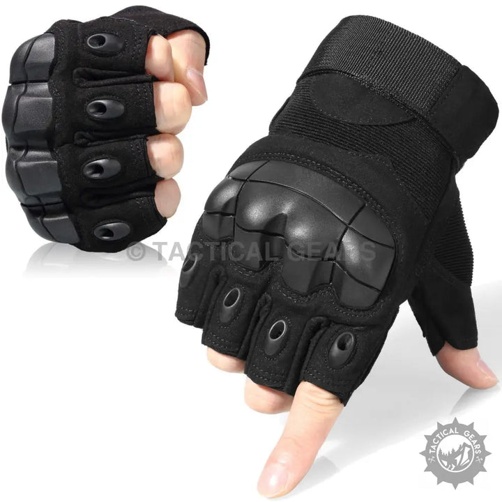 Black fingerless tactical gloves with hard rubber knuckle protection for durability