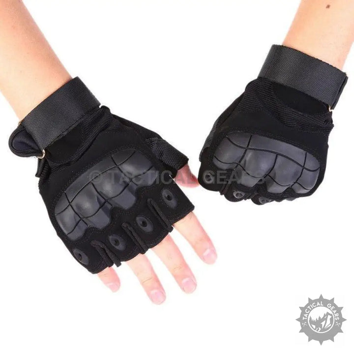Black tactical protective half finger gloves with hard rubber knuckle protection