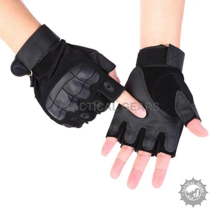 Black fingerless tactical gloves with padded knuckles, adjustable straps, and hard rubber protection