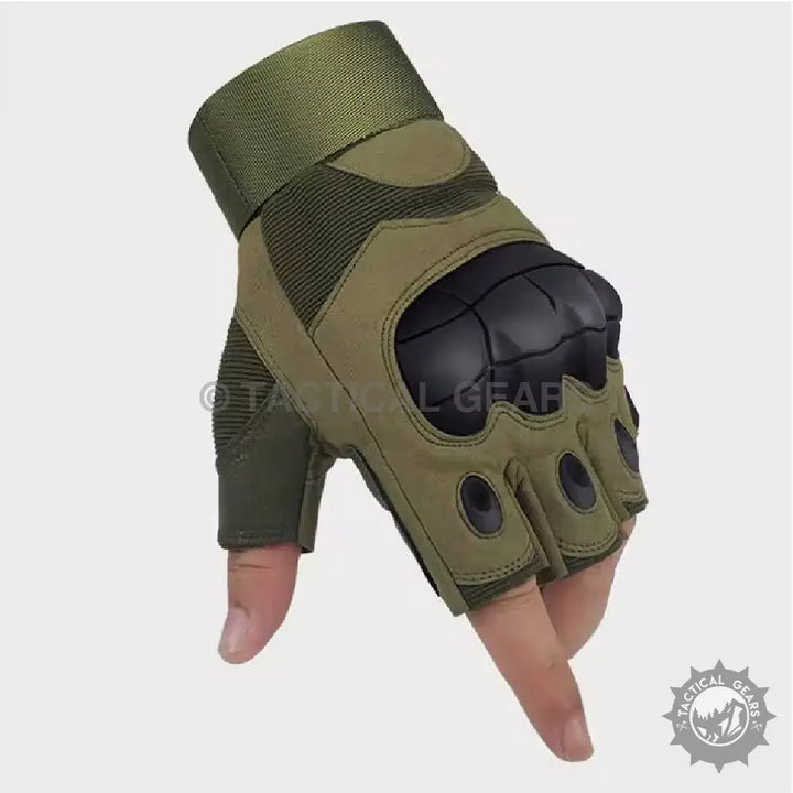 Olive green fingerless tactical gloves with knuckle protection and hard rubber accents