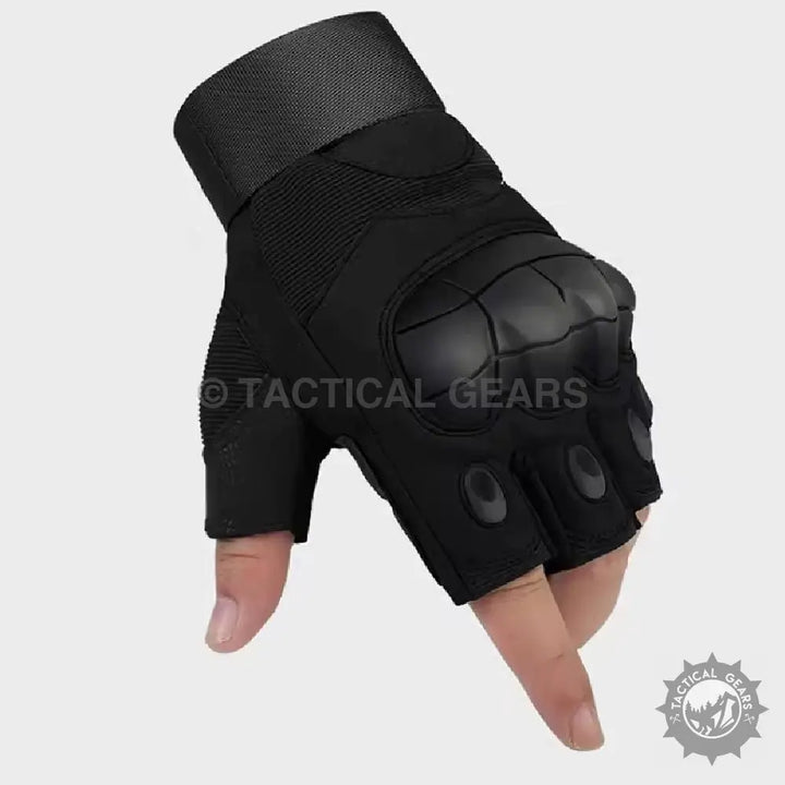 Black fingerless tactical glove with knuckle protection and durable hard rubber accents