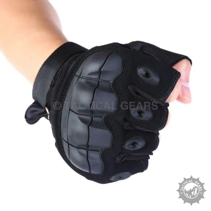 Black tactical protective half finger gloves with hard rubber knuckle protection